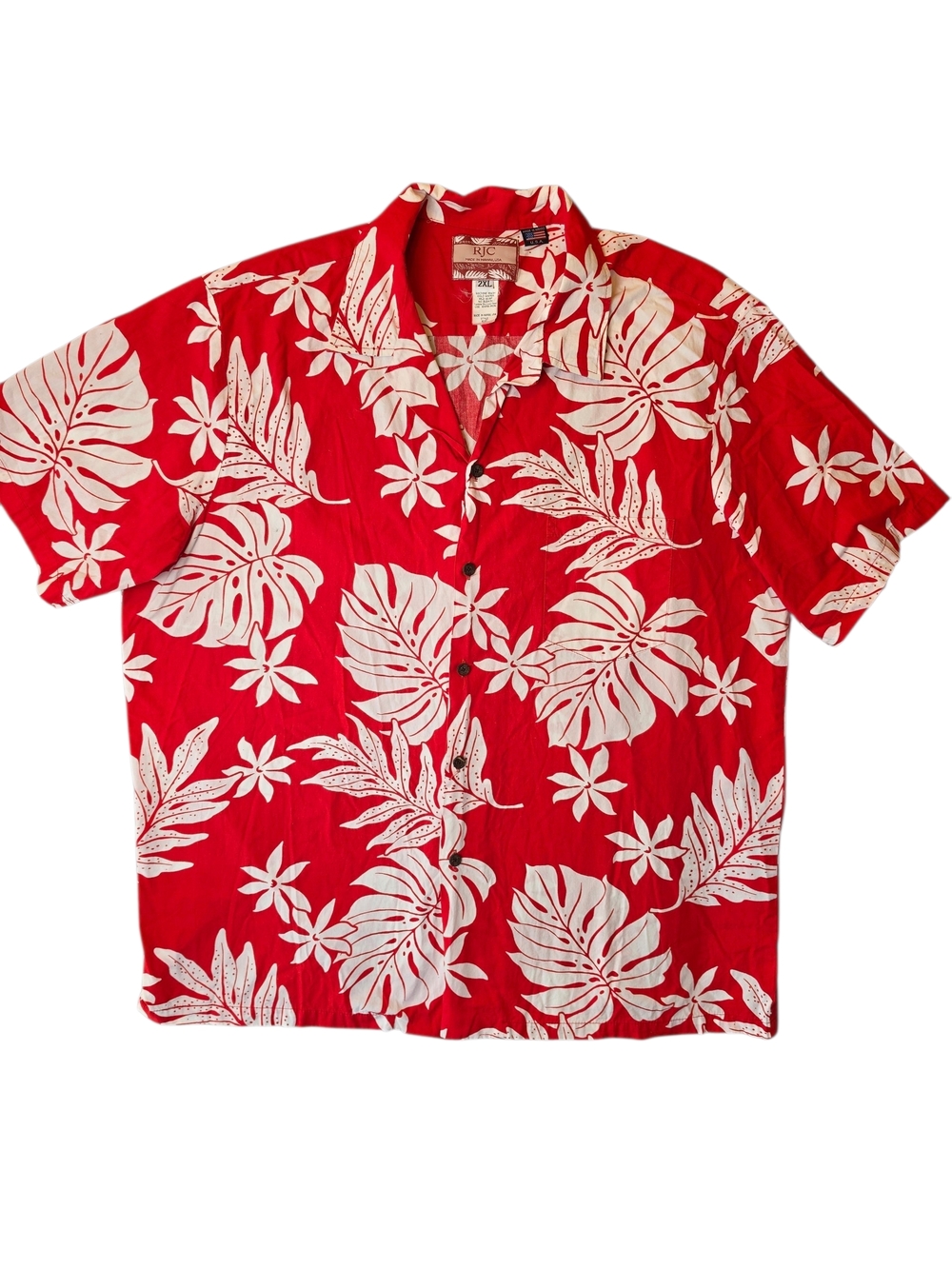 RJC Mens Shirt 2X Red Hawaiian Short Sleeve Floral Tropical U.S.A Travel Resort